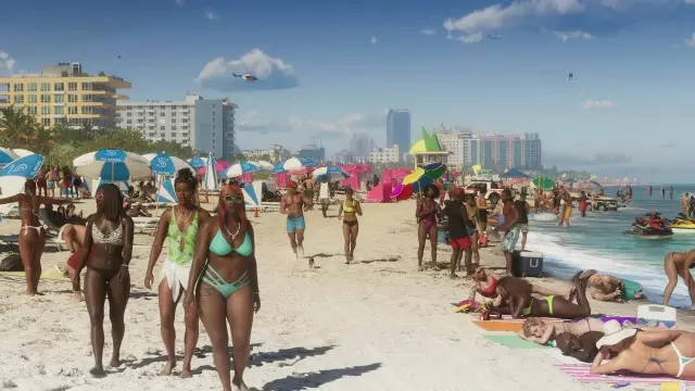 GTA VI Trailer 1 screenshot showing large crowd on Vice City beach